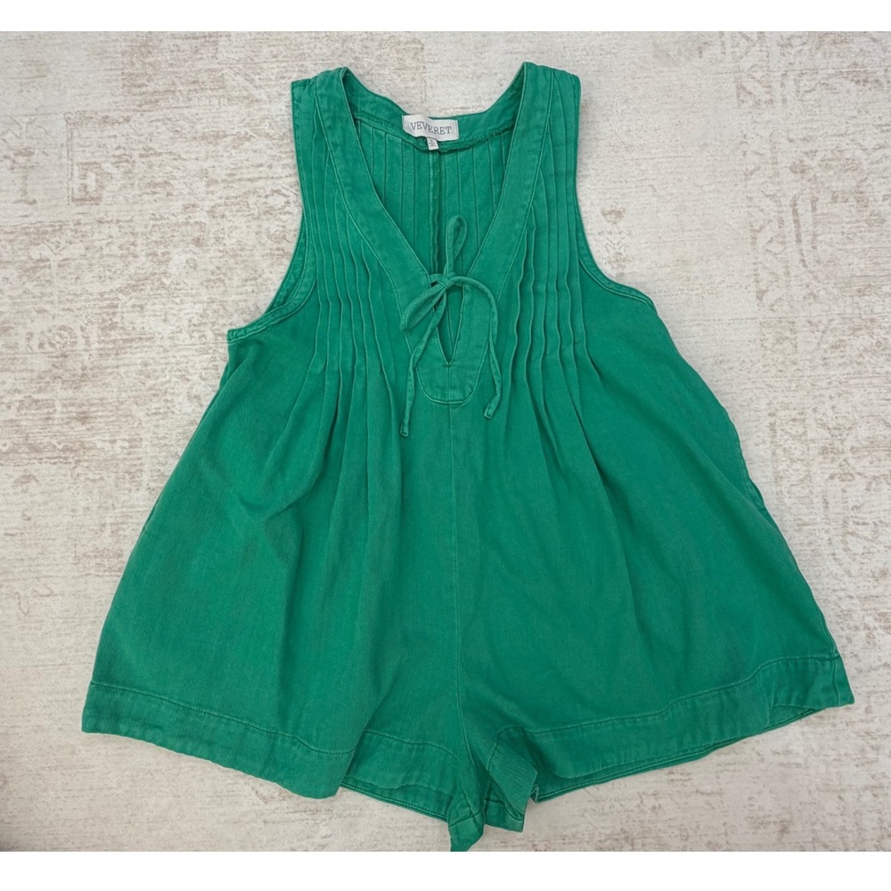 Veveret Green Cotton Pintuck Pleated Tie Neck Sleeveless Romper Small